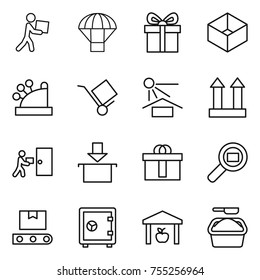 thin line icon set : courier, parachute, gift, box, cashbox, trolley, sun potection, cargo top sign, delivery, package, hi quality, search, transporter tape, safe, warehouse, washing powder