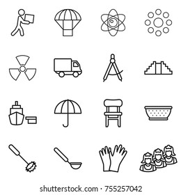 thin line icon set : courier, parachute, atom, round around, nuclear, delivery, draw compass, pyramid, port, dry cargo, chair, colander, whisk, ladle, gloves, outsource
