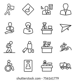 Thin line icon set : courier, under construction, architector, client, support manager, customs control, plane, tourist, passenger, inspector, surfer, invalid, identity card, reception