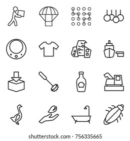 Thin line icon set : courier, parachute, chip, sale, necklace, t shirt, modern architecture, port, package, whisk, ketchup, harvester, goose, hand leaf, bath, bug