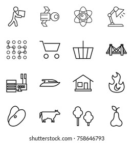 Thin line icon set : courier, satellite, atom, table lamp, chip, cart, basket, bridge, mall, yacht, home, fire, beans, cow, trees, pear