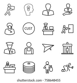 Thin line icon set : courier, bulb head, client, support manager, customs, control, delivery, security man, workman, deltaplane, detector, reception, pancakes, trash, vacuum cleaner