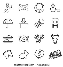 Thin line icon set : courier, eye identity, necklace, port, dry cargo, package, jellyfish, chair, slippers, fork spoon plate, coffee seeds, cow, horse, rabbit, garden, outsource