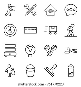 Thin line icon set : courier, pencil wrench, wireless home, balloon, info, bunker, fast deliver, tourist, double boiler, sheep, coffee seeds, scissors, trash, bucket, scraper, please clean