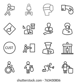 Thin line icon set : courier, hoverboard, virtual mask, hand coin, under construction, architector, client, support manager, customs, delivery, security man, detector, invalid, trash, vacuum cleaner