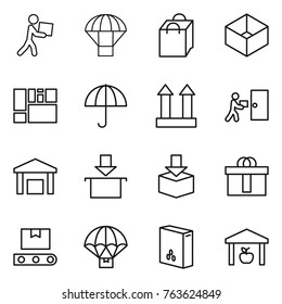 Thin line icon set : courier, parachute, shopping bag, box, consolidated cargo, dry, top sign, delivery, warehouse, package, hi quality, transporter tape, cereals
