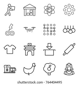 Thin line icon set : courier, warehouse, atom, round around, infinity power, drone, chip, sale, t shirt, arch, package, rolling pin, food processor, chicken, garden, cleaner