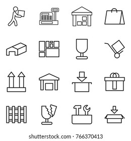 Thin line icon set : courier, cashbox, warehouse, shopping bag, consolidated cargo, fragile, trolley, top sign, package, hi quality, pallet, broken, repair tools