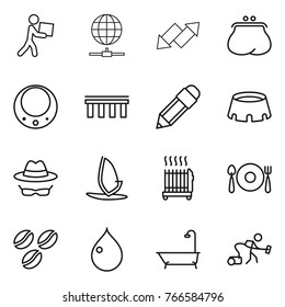 Thin line icon set : courier, globe connect, up down arrow, purse, necklace, bridge, pencil, stadium, confidential, windsurfing, radiator, fork spoon plate, coffee seeds, drop, bath, vacuum cleaner