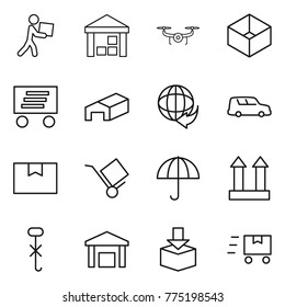 Thin line icon set : courier, warehouse, drone, box, delivery, car shipping, package, trolley, dry cargo, top sign, do not hook, fast deliver