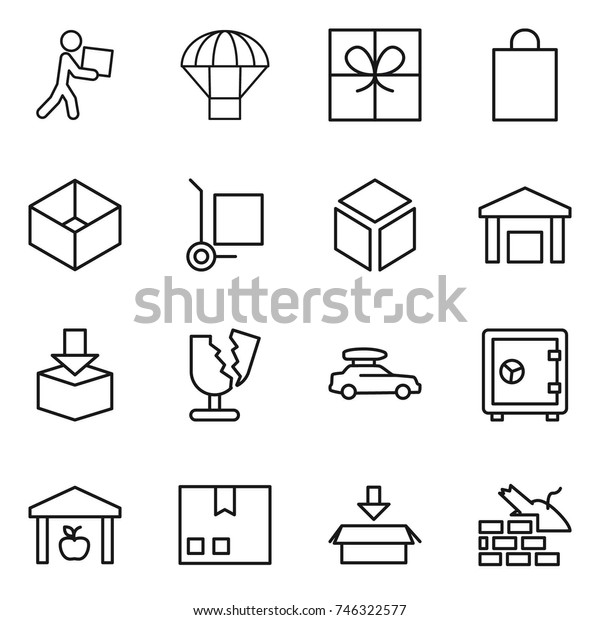 thin line icon set : courier,\
parachute, gift, shopping bag, box, cargo stoller, 3d, warehouse,\
package, broken, car baggage, safe, construct\
garbage