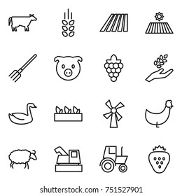 thin line icon set : cow, spikelets, field, fork, pig, grape, harvest, goose, seedling, windmill, chicken, sheep, harvester, tractor, strawberry