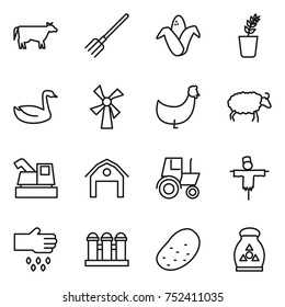 thin line icon set : cow, fork, corn, seedling, goose, windmill, chicken, sheep, harvester, barn, tractor, scarecrow, sow, grain elevator, potato, fertilizer