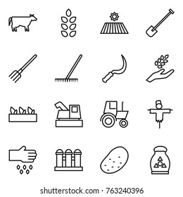 Thin line icon set : cow, spikelets, field, shovel, fork, rake, sickle, harvest, seedling, harvester, tractor, scarecrow, sow, grain elevator, potato, fertilizer