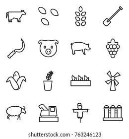 Thin line icon set : cow, seeds, spikelets, shovel, sickle, pig, grape, corn, seedling, windmill, sheep, harvester, scarecrow, grain elevator