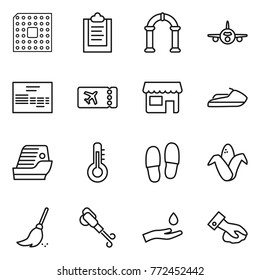 Thin Line Icon Set : Cpu, Clipboard, Arch, Plane, Invoice, Ticket, Shop, Jet Ski, Cruise Ship, Thermometer, Slippers, Corn, Broom, Blower, Hand And Drop, Wiping