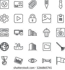 Thin Line Icon Set - credit card vector, bed, office building, medal, tie, rake, plant label, eye, barcode, play button, gallery, settings, folder, photo, paper clip, identity, pool, lock, socket