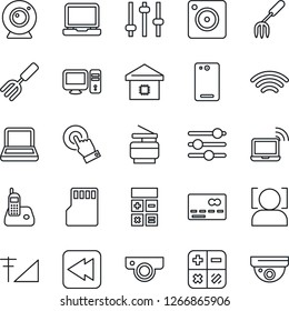 Thin Line Icon Set - credit card vector, wireless notebook, calculator, garden fork, touch screen, laptop pc, radio phone, rewind, back, mobile camera, tuning, sd, face id, cellular signal, copier
