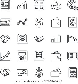 Thin Line Icon Set - credit card vector, safe, handshake, dollar sign, calculator, abacus, receipt, bar graph, point, arrow up, wallet, growth, crisis, money search, investment