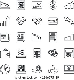 Thin Line Icon Set - credit card vector, handshake, growth statistic, dollar sign, calculator, abacus, crisis graph, cash, receipt, news, bar, pie, contract, arrow up, wallet, investment