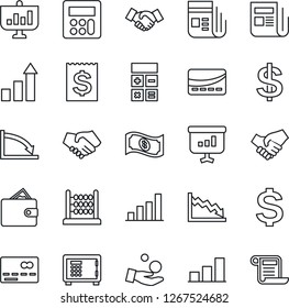 Thin Line Icon Set - credit card vector, safe, handshake, growth statistic, dollar sign, calculator, receipt, news, bar graph, abacus, wallet, crisis, investment, cash, presentation, contract