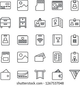 Thin Line Icon Set - credit card vector, identity, medical calendar, gallery, sd, sim, archive box, wine, pass, wallet, pennon