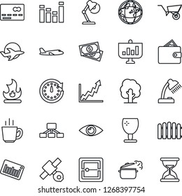 Thin Line Icon Set - credit card vector, plane, fence, tree, wheelbarrow, fire, eye, satellite, cash, fragile, barcode, equalizer, scanner, desk lamp, coffee, steaming pan, wallet, clock, earth