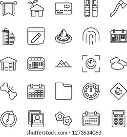 Thin Line Icon Set - credit card vector, clouds, gear, calendar, axe, broken bone, term, warehouse, flammable, folder, notes, fingerprint id, photo gallery, book, mountains, office building, water