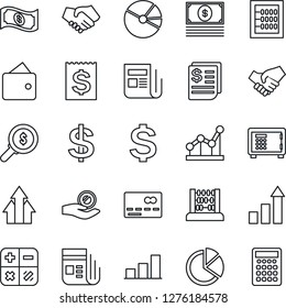 Thin Line Icon Set - credit card vector, safe, growth statistic, dollar sign, calculator, abacus, receipt, news, bar graph, pie, point, arrow up, handshake, wallet, money search, investment, cash