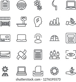 Thin Line Icon Set - credit card vector, pedestal, brainstorm, sickle, greenhouse, satellite, sorting, heavy scales, laptop pc, calculator, clipboard, paper tray, notebook, wireless, alcove, gear