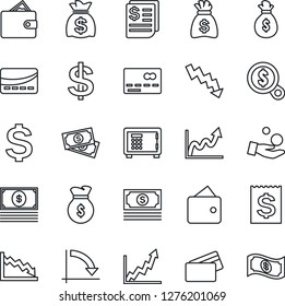 Thin Line Icon Set - credit card vector, safe, dollar sign, money bag, crisis graph, cash, receipt, wallet, growth, search, investment