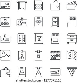 Thin Line Icon Set - credit card vector, identity, medical calendar, gallery, sd, sim, archive box, wine, pass, wallet, pennon