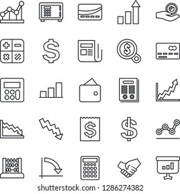 Thin Line Icon Set - credit card vector, safe, growth statistic, dollar sign, calculator, abacus, crisis graph, receipt, news, bar, point, contract, handshake, wallet, money search, investment