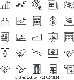 Thin Line Icon Set - credit card vector, handshake, growth statistic, dollar sign, calculator, receipt, news, bar graph, abacus, point, contract, arrow up, crisis, money search, cash, presentation