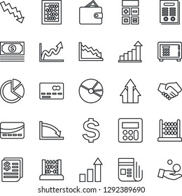Thin Line Icon Set - credit card vector, safe, growth statistic, dollar sign, calculator, abacus, crisis graph, cash, receipt, news, pie, contract, arrow up, handshake, wallet, investment