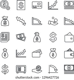 Thin Line Icon Set - credit card vector, safe, dollar sign, money bag, crisis graph, cash, receipt, wallet, growth, search, investment