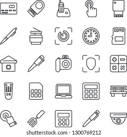 Thin Line Icon Set - credit card vector, calculator, pen, garden fork, bench, clock, camera, remote control, touch screen, laptop pc, radio phone, sd, sim, face id, eye, copier, smart home