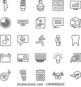Thin Line Icon Set - credit card vector, radar, team, document search, statistic monitor, diagnosis, run, tooth, pregnancy, plane, truck trailer, no hook, message, music, application, calculator