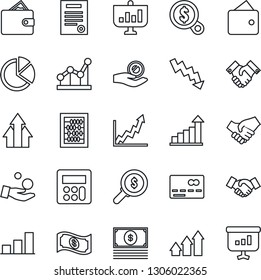 Thin Line Icon Set - credit card vector, handshake, growth statistic, abacus, crisis graph, calculator, bar, pie, point, contract, arrow up, wallet, money search, investment, cash, presentation
