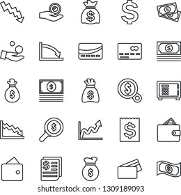 Thin Line Icon Set - credit card vector, safe, dollar sign, money bag, crisis graph, cash, receipt, wallet, growth, search, investment