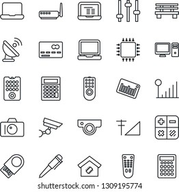 Thin Line Icon Set - credit card vector, camera, calculator, pen, notebook pc, bench, barcode, satellite antenna, remote control, laptop, tuning, cellular signal, smart home, chip, router, web