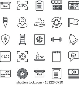 Thin Line Icon Set - credit card vector, notepad, document, ladder, plant label, barbell, pin, vinyl, protect, bell, record, fingerprint id, update, clipboard, calendar, rent, sold signboard, alcove