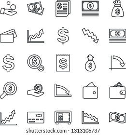 Thin Line Icon Set - credit card vector, safe, dollar sign, money bag, crisis graph, cash, receipt, wallet, growth, search, investment