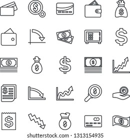 Thin Line Icon Set - credit card vector, safe, dollar sign, money bag, crisis graph, cash, receipt, wallet, growth, search, investment
