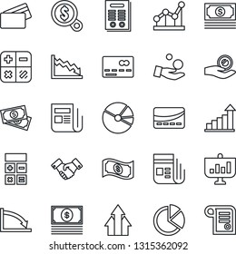 Thin Line Icon Set - credit card vector, handshake, growth statistic, calculator, cash, news, pie graph, point, contract, arrow up, crisis, money search, investment, presentation