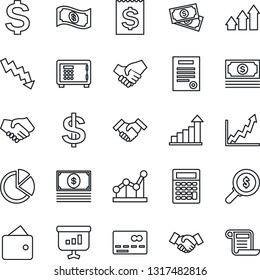Thin Line Icon Set - credit card vector, safe, handshake, growth statistic, dollar sign, crisis graph, cash, receipt, pie, point, contract, arrow up, wallet, money search, calculator, presentation
