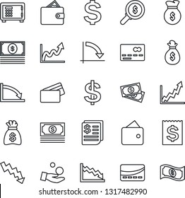 Thin Line Icon Set - credit card vector, safe, dollar sign, money bag, crisis graph, cash, receipt, wallet, growth, search, investment