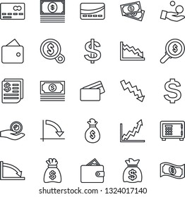 Thin Line Icon Set - credit card vector, safe, dollar sign, money bag, crisis graph, cash, receipt, wallet, growth, search, investment