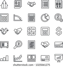 Thin Line Icon Set - credit card vector, safe, handshake, dollar sign, calculator, abacus, cash, receipt, bar graph, pie, contract, arrow up, growth, crisis, money search, presentation