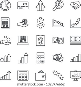 Thin Line Icon Set - credit card vector, growth statistic, dollar sign, calculator, abacus, crisis graph, cash, receipt, bar, pie, contract, arrow up, handshake, wallet, money search, investment